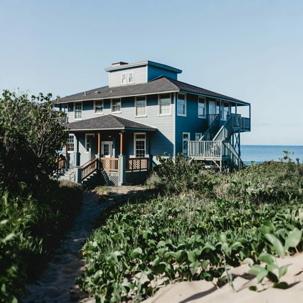 Blue beach house with a staircase leading down to the sand