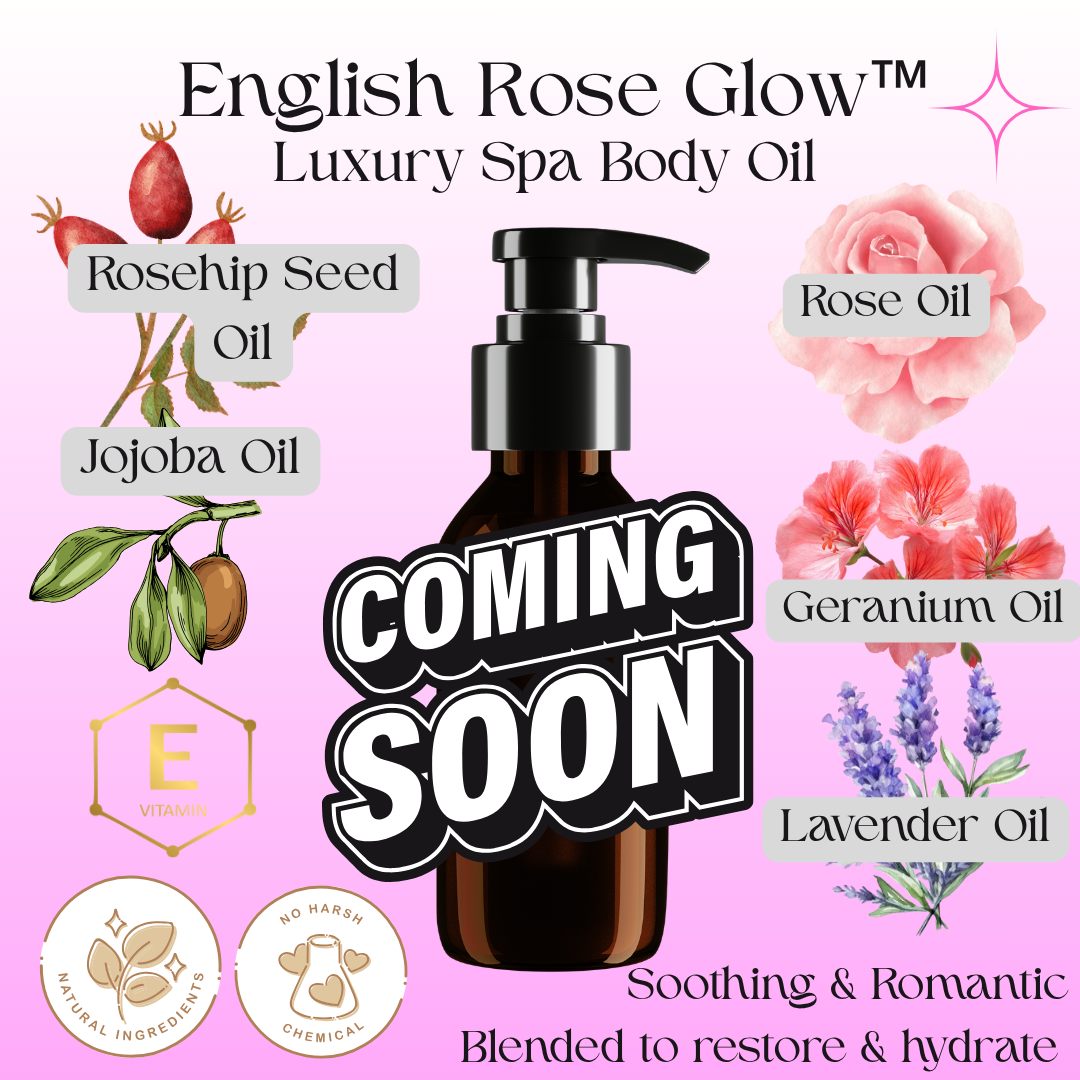 Promotional image of a luxury spa body oil showing the ingredients of the body oil