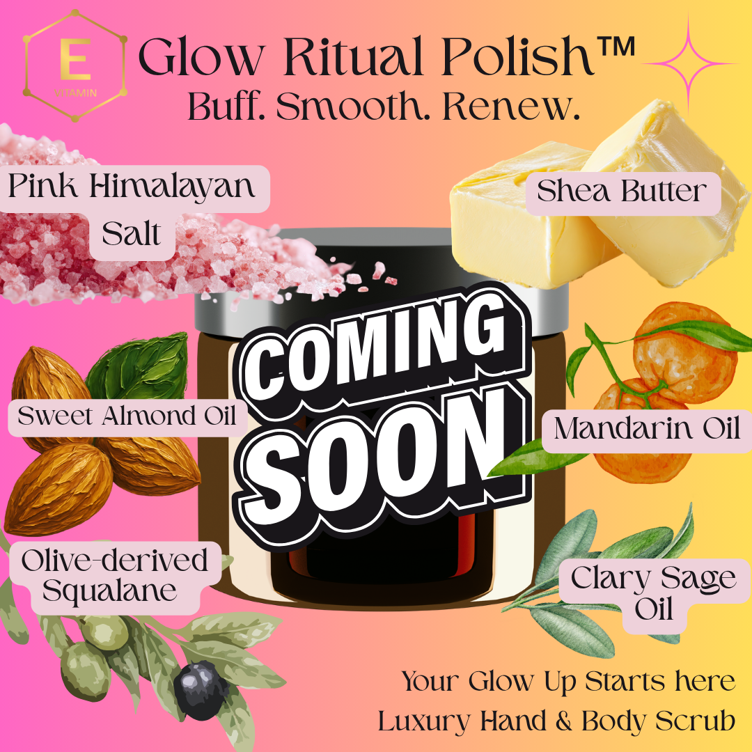 Promotional graphic for a Glow Ritual Polish product with a large central jar labeled 'COMING SOON' and ingredient callouts including Pink Himalayan Salt, Shea Butter, Sweet Almond Oil, Mandarin Oil, Olive-derived Squalane, and Clary Sage Oil on a pink-to-yellow gradient background.