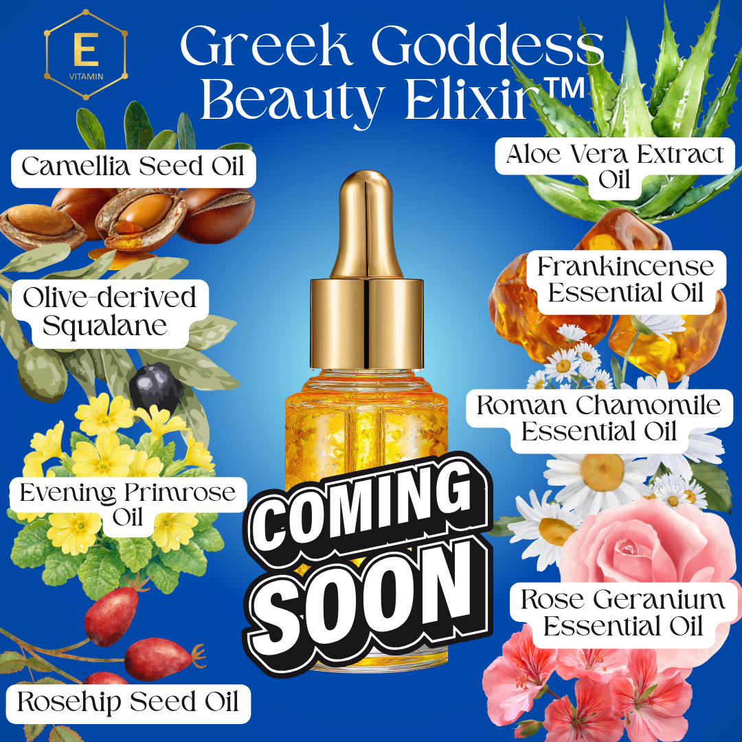 A promotional graphic for 'Greek Goddess Beauty Elixir' by Elixirx, featuring a central dropper bottle with a gold cap and golden liquid, surrounded by labeled illustrations of botanical ingredients including camellia seed oil, aloe vera, olive squalane, frankincense, chamomile, evening primrose, rose geranium, and rosehip seed oils. A large 'COMING SOON' overlay covers the center.