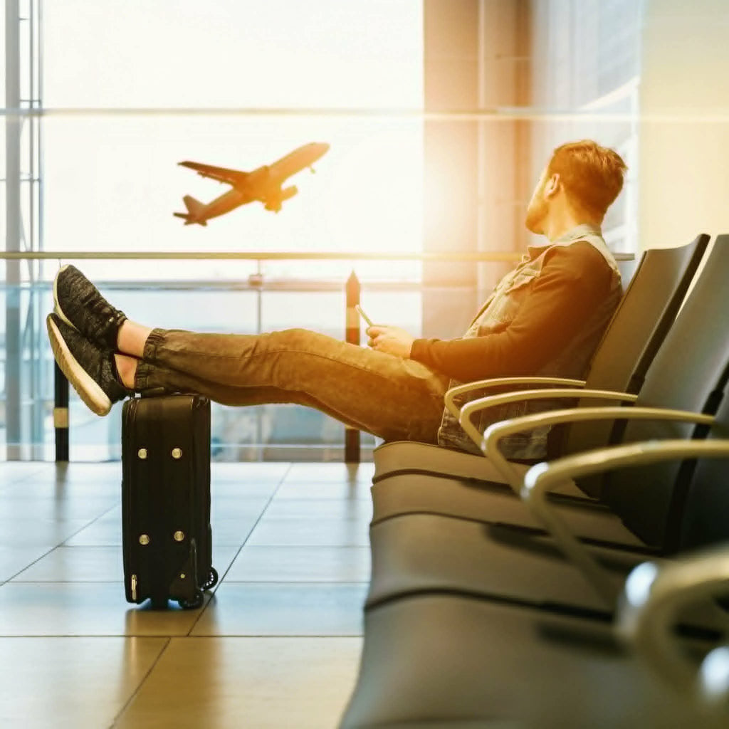 Man waiting in airport watching a plane take off