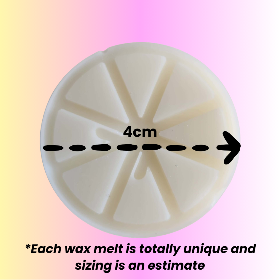 Round wax melt with measurement label on a gradient background