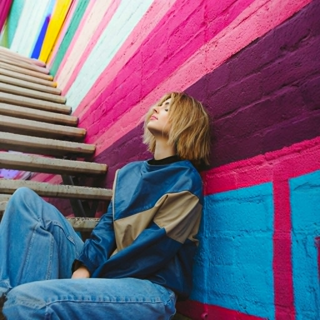 Person sitting against a colorful wall with a wooden staircase.