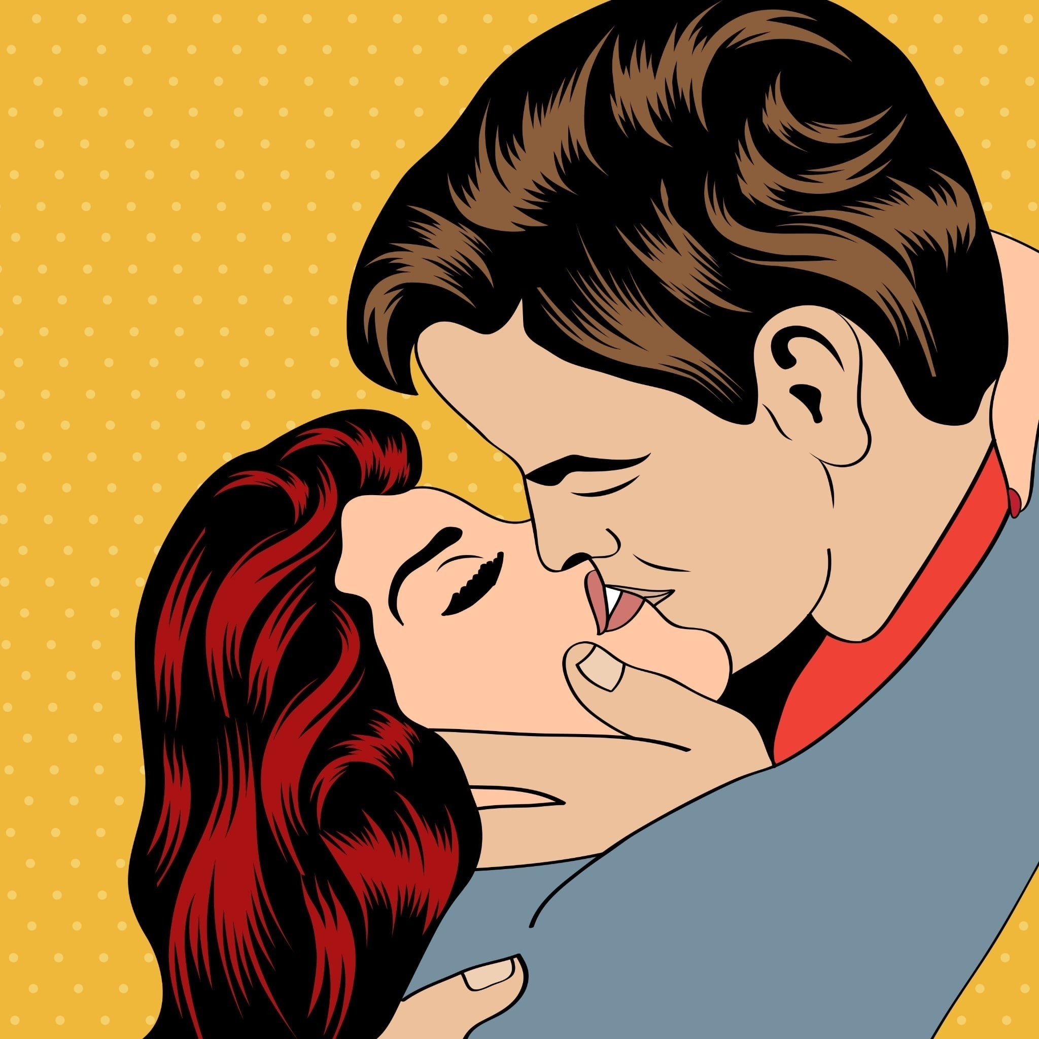 Pop-art style illustration of a couple embracing and kissing, with a yellow polka-dot background.