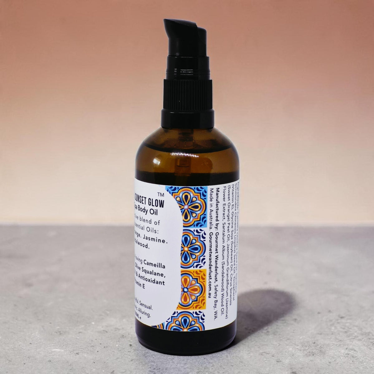 Side profile of amber glass bottle in a studio shot 