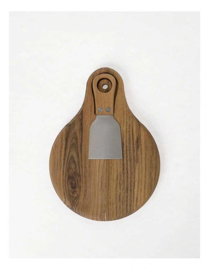 Teak Wood Paddle Cheese Board with Cheese Knife Set