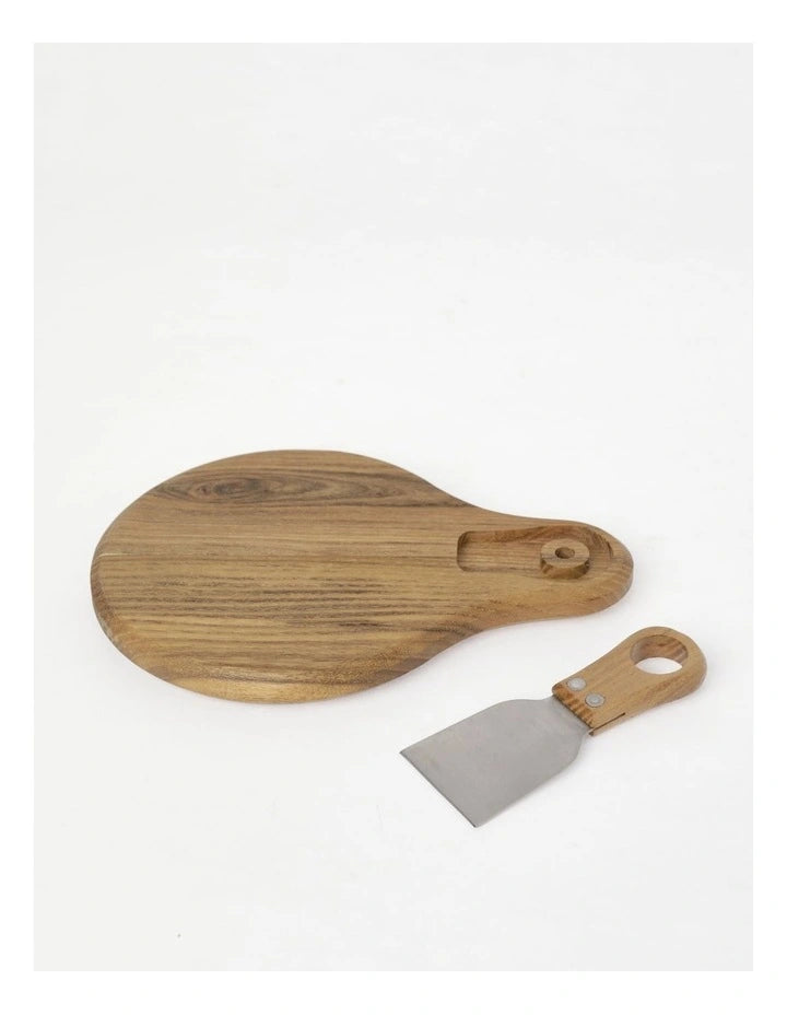 Teak Wood Paddle Cheese Board with Cheese Knife Set