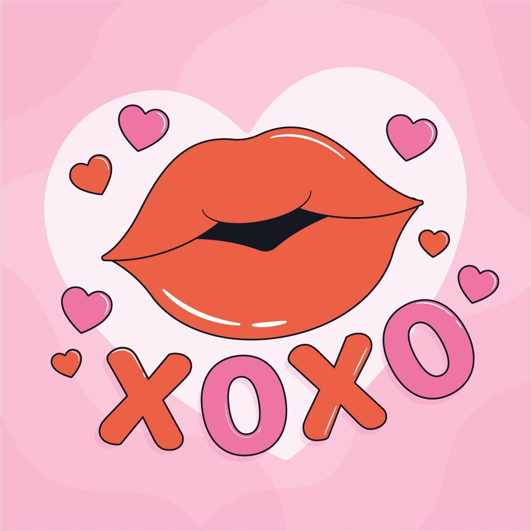 A cute cartoon graphic featuring a pair of glossy red-orange lips with black outlines, surrounded by pink and red hearts on a wavy pink background. Below the lips, the words 'XOXO' are written in bold pink and red letters.